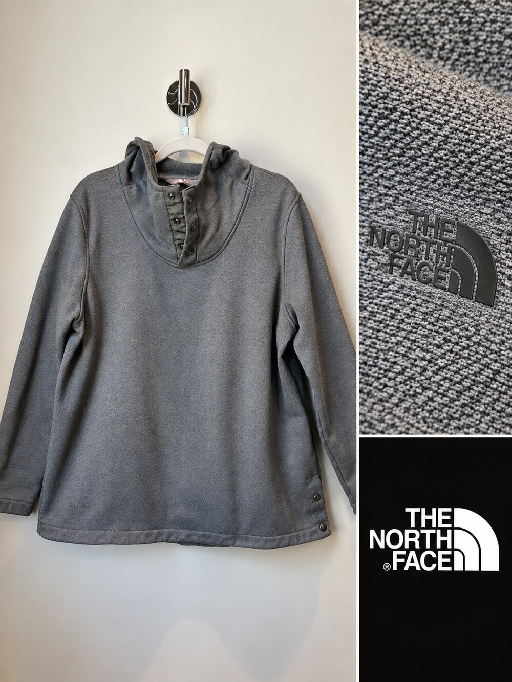 The North Face XL Grey Hooded Fleece Pullover Snap Neck Side Snaps